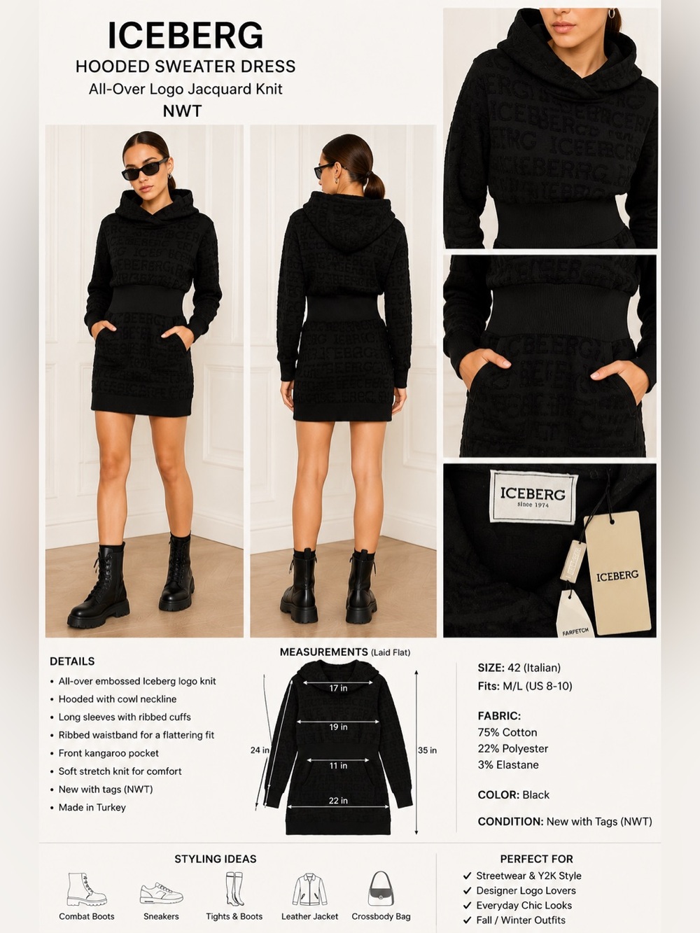 NWT Iceberg Black Logo Jacquard Hooded Sweater Dress Women's Size 42 Designer